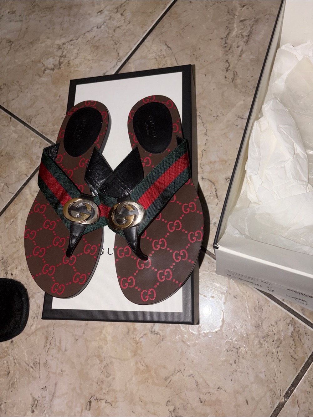 Gucci Brown Red Green GG Logo Leather Thong Sandals with Gold Double G